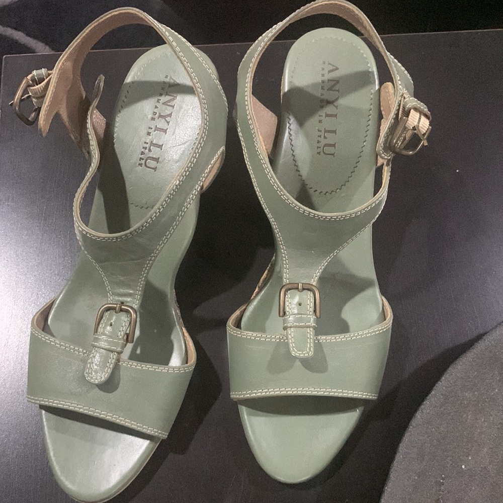 Anyi Lu Leather Wedge Sage Sandals